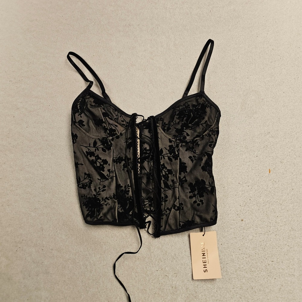 SHEINBAE Black Floral Lace Corset Crop Top Lace Up Front Small NWT